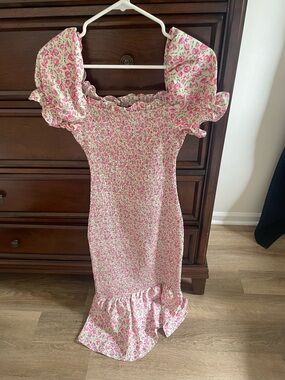 Smocked Floral Midi Dress in Pink and Cream